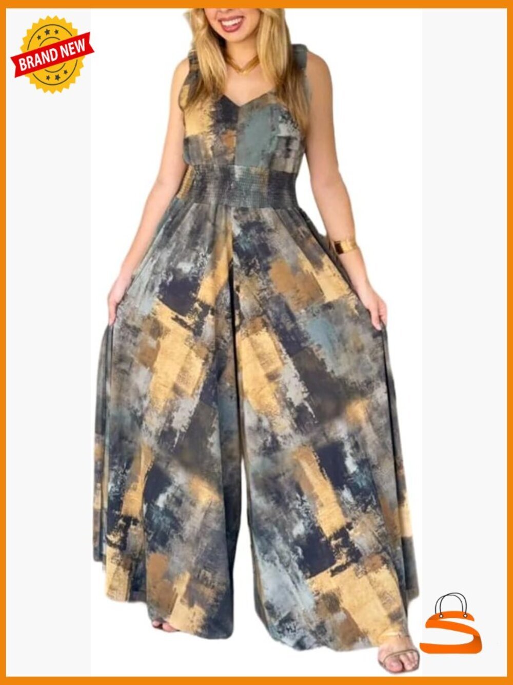 Women's V-Neck Jumpsuit Wide Leg Backless Sleeveless Smocked Waist Abstract